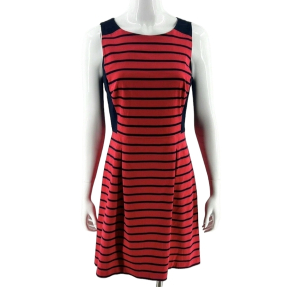 Tommy Hilfiger Sheath Dress Size 14 Red Navy Blue Striped Pleated Waist Womens